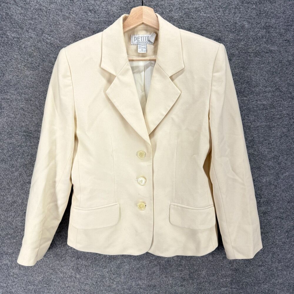 Petite Sophisticate Blazer Women 10 Beige Button Up Collared Long Sleeve Wool - Picture 1 of 7